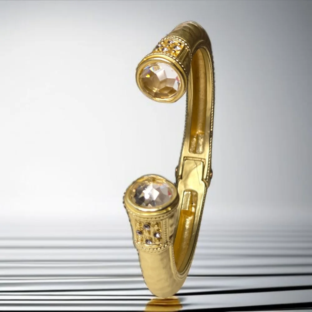 14k Matte Gold Plated Hydro Quartz Crystal Chunky Hinged Bangle Bracelet